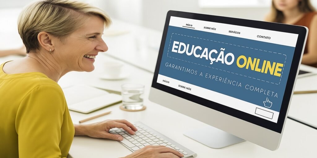Pessoa acessando plataforma educacional online em estação de trabalho organizada