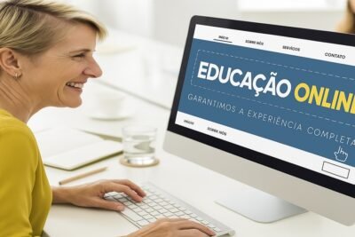 Pessoa acessando plataforma educacional online em estação de trabalho organizada