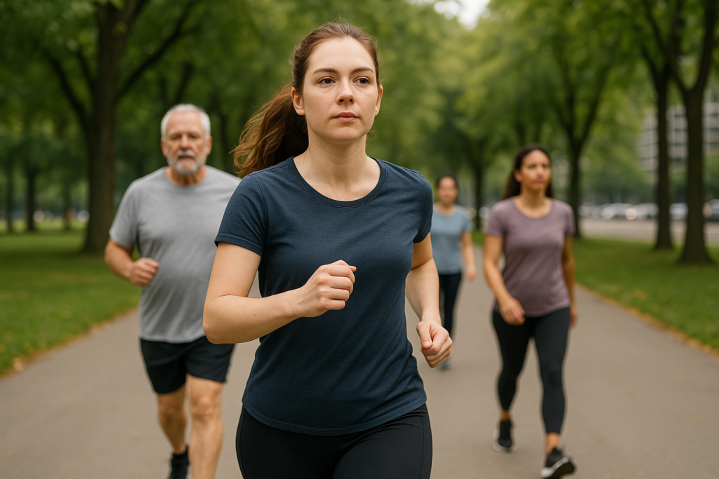 Uma jovem corre em uma pista de parque arborizado, vestindo camiseta esportiva azul-escura e calça preta, com expressão de foco e determinação. Atrás dela, outras pessoas de diferentes idades também praticam corrida, representando dedicação e hábitos saudáveis na rotina urbana.