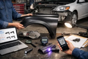 Profissionais inspecionando peça de lataria automotiva em oficina, verificando autenticidade para evitar fraudes na compra de componentes veiculares.