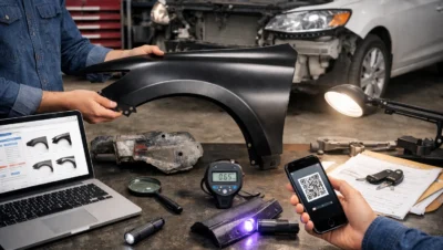 Profissionais inspecionando peça de lataria automotiva em oficina, verificando autenticidade para evitar fraudes na compra de componentes veiculares.
