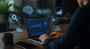 Profissional analisando métricas de SEO em notebook cercado por elementos de inteligência artificial, busca generativa e dados digitais, representando as mudanças do SEO na era das respostas automatizadas por IA.