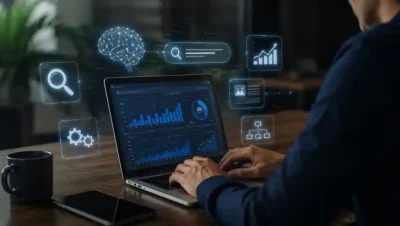 Profissional analisando métricas de SEO em notebook cercado por elementos de inteligência artificial, busca generativa e dados digitais, representando as mudanças do SEO na era das respostas automatizadas por IA.