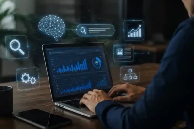 Profissional analisando métricas de SEO em notebook cercado por elementos de inteligência artificial, busca generativa e dados digitais, representando as mudanças do SEO na era das respostas automatizadas por IA.
