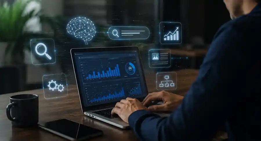 Profissional analisando métricas de SEO em notebook cercado por elementos de inteligência artificial, busca generativa e dados digitais, representando as mudanças do SEO na era das respostas automatizadas por IA.