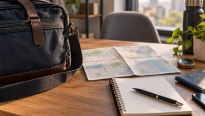 Bolsa, mapa e caderno para planejamento de atividades; imagem ilustrativa de investigação particular